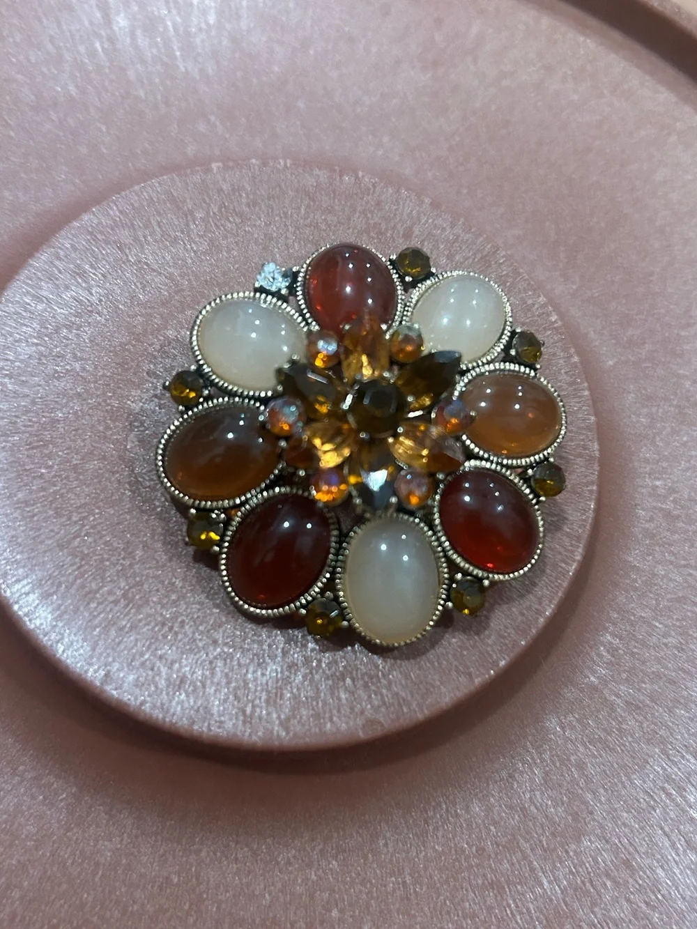 Vintage cabochon Flower Jelly Bean Rhinestone Convertible Brooch gold tone metal